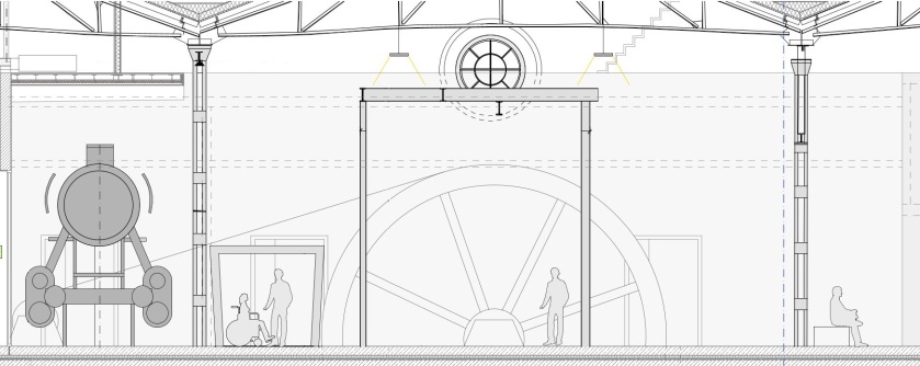 Bei dem Bild handelt es sich um eine Bauzeichnung, die das neue Museumsfoyer zeigt. Links ist die Dampflokomotive eingezeichnet, in der Mitte das große Schwungrad.