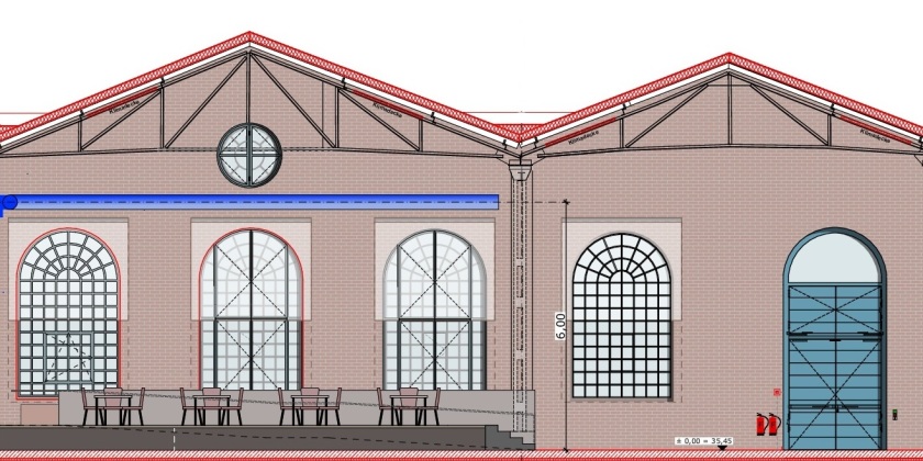 Die Bauzeichnung zeigt ein Podest mit Sitzgruppen an einer Wand mit großen Fenstern. Rechts ist eine Tür in blau eingezeichnet.